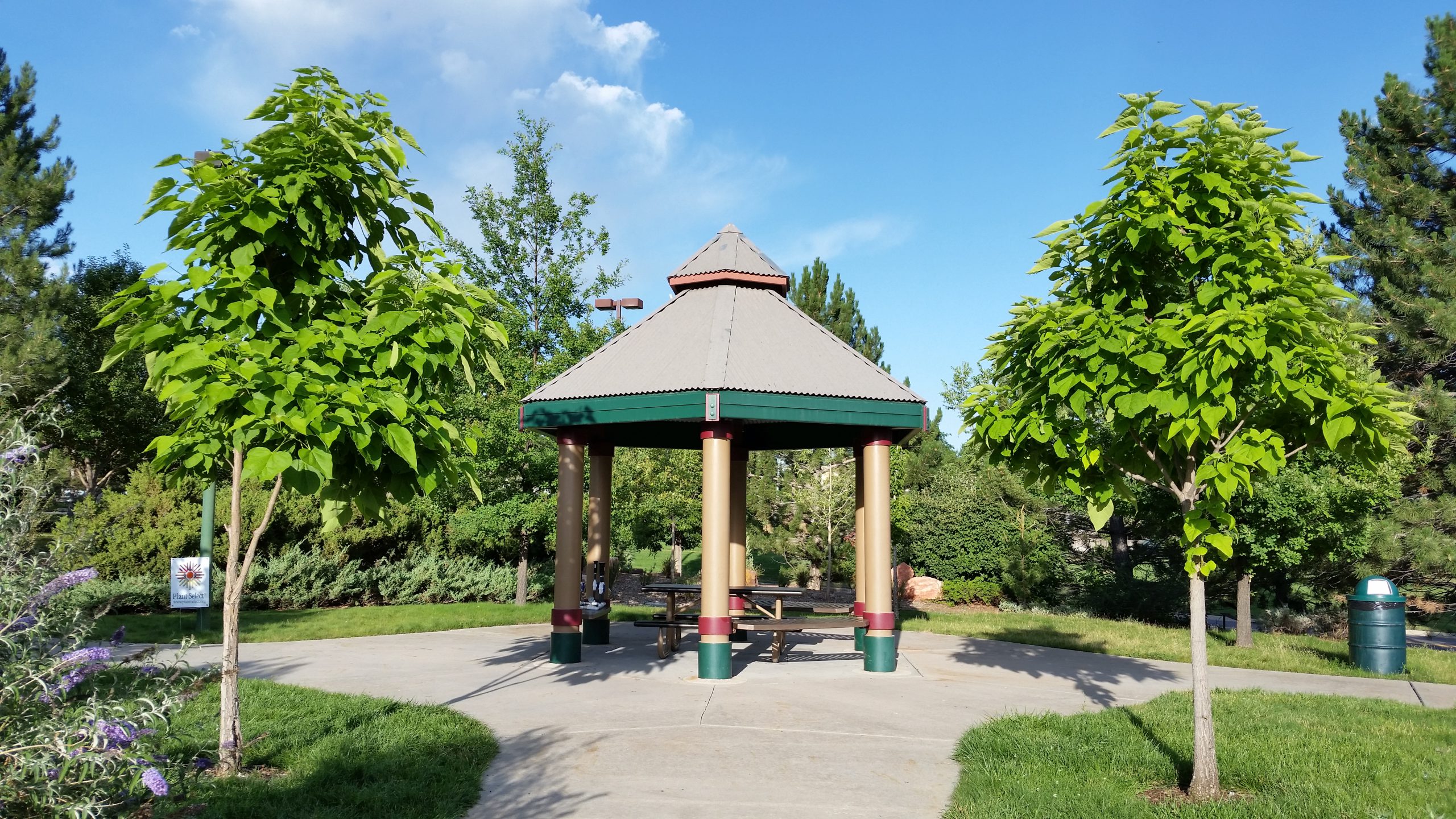Grey, green and tan pavilion with picnic table underneath on a concrete path surrounded by green grass and green leafy trees. Margaret W. Carpenter Recreation Center Garden.