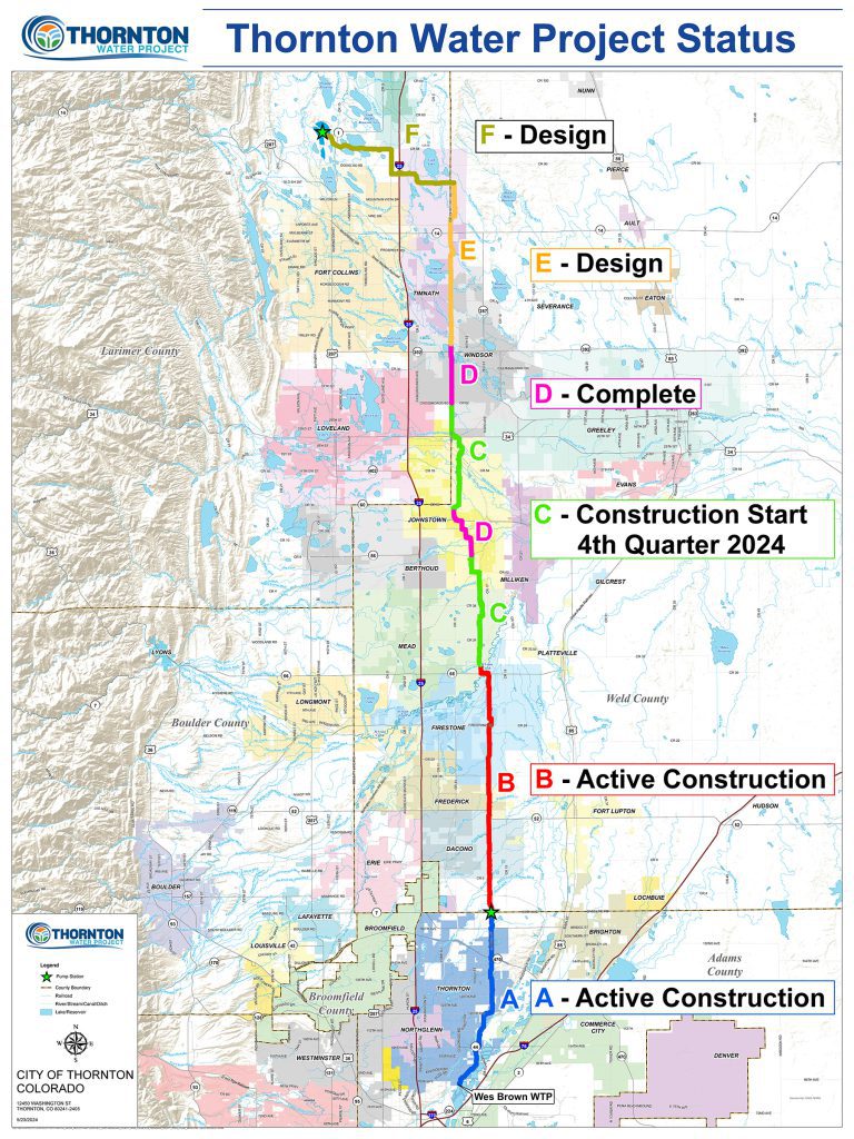 Map of the Thornton Water Project outlining sections A through F.