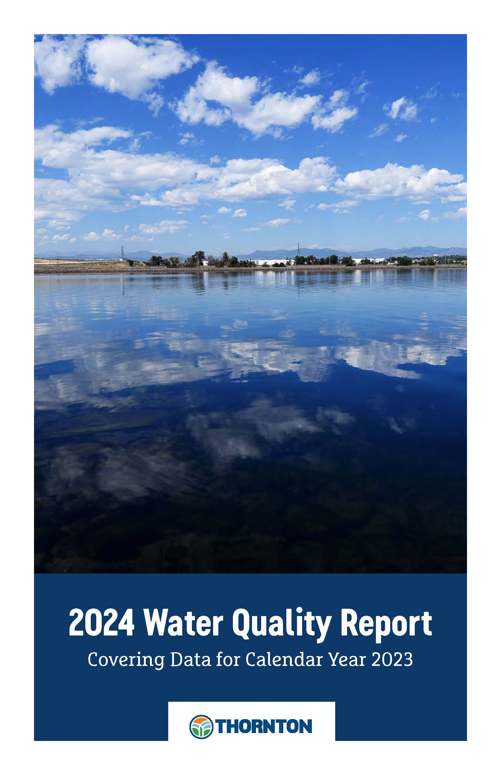 Cover page for the 2024 Thornton Water Quality Report, covering data for calendar year 2023.