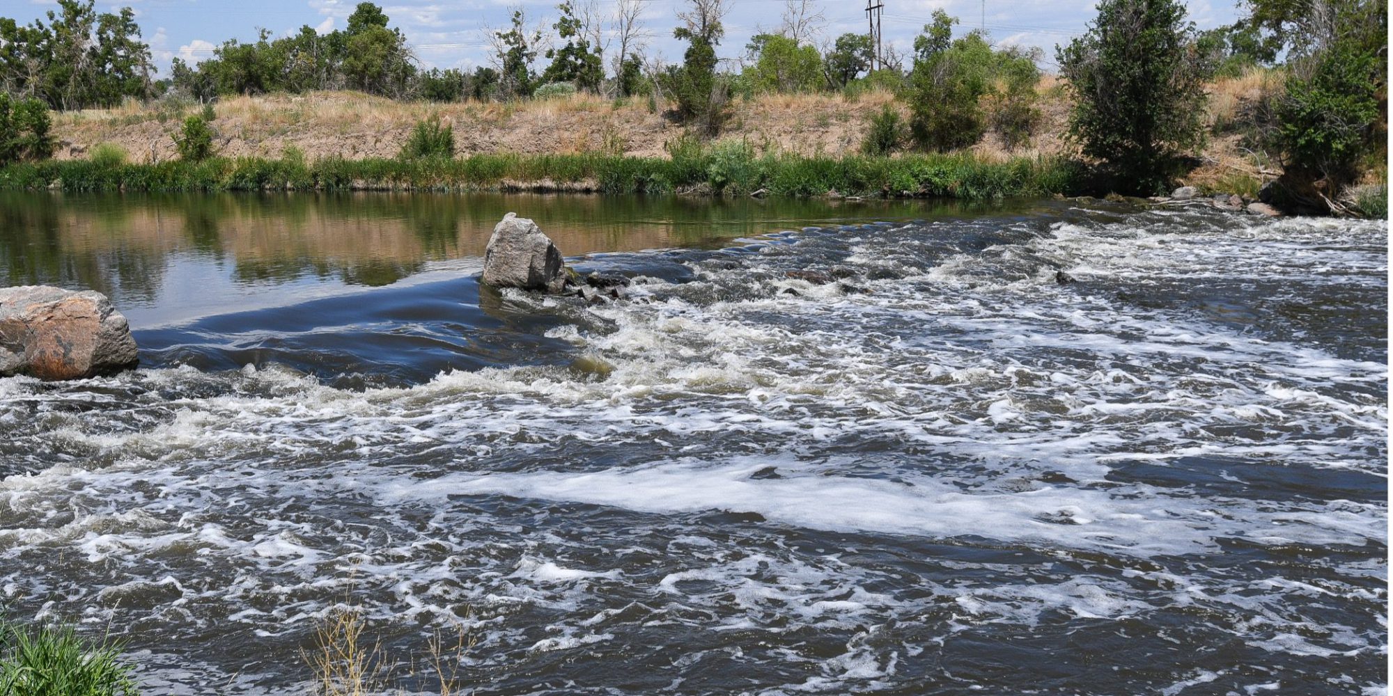 Water rushing downstream in a river. Rocks are in the middle of the river, and the water is surrounded by tall green grass and trees.