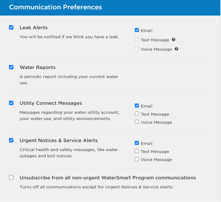 Screenshot of the communications preference page on the WaterSmart portal displaying the various alerts and notifications provided by the portal.>