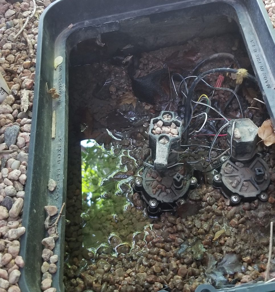 Leak shown over sprinkler components in a green sprinkler box.