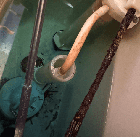 Toilet tank with increased water level and rusty pipes